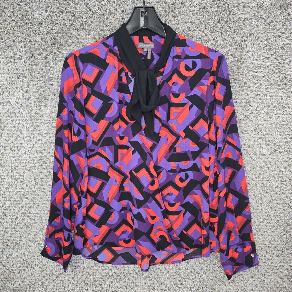 Vince Camuto Top Womens Medium‎ Red Printed Neck Tie V-Neck Blouse Casual Ladies